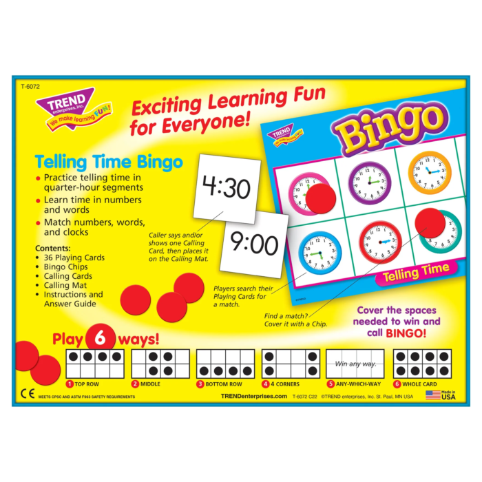 Telling Time Bingo Game Back